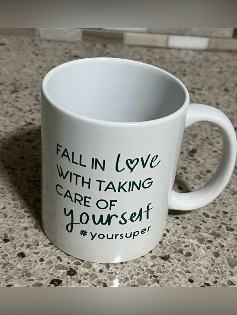 White Ceramic Mug ‘YourSuper’ brand, with Green Inspirational Quote, NWOT